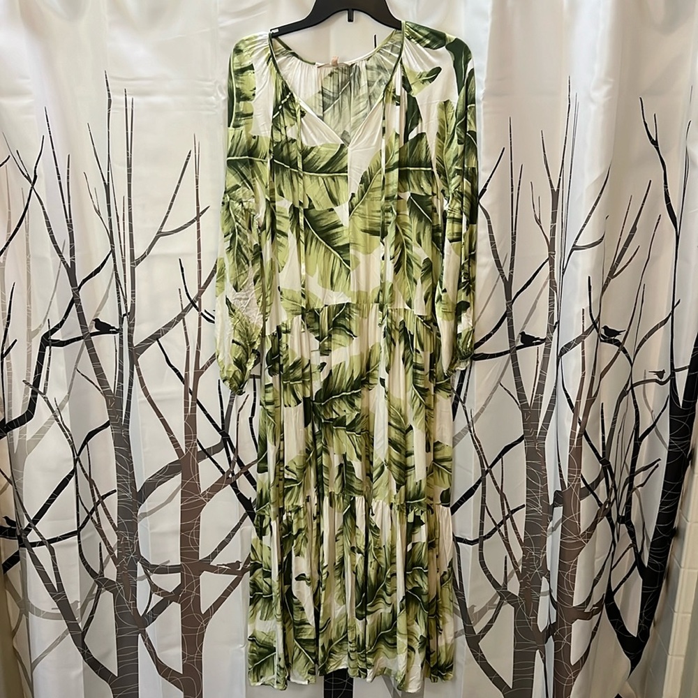 XL - My Danielle 100% rayon, Shades of green leaves & white long-sleeved dress